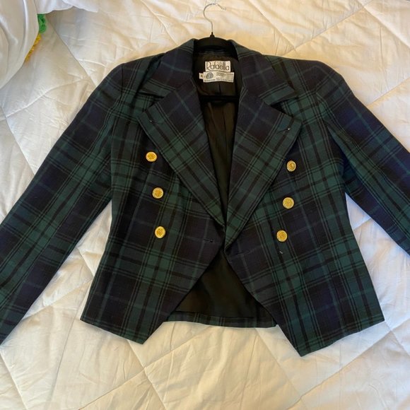 Vintage Rafaella Women’s 80s Preppy Green Black Checkered Plaid Blazer - Picture 1 of 4